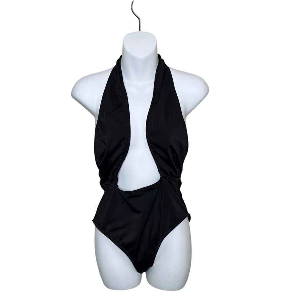 Frederick's of Hollywood Vtg Black Plunge Halter Swimsuit Cutout Size Large New
